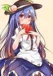  :o black_hat blue_hair blush bow box duplicate eyebrows_visible_through_hair food fruit gift hat heart heart-shaped_box hinanawi_tenshi leaf long_hair looking_at_viewer open_mouth peach red_bow red_eyes red_ribbon ribbon solo touhou valentine yuhito_(ablbex) 