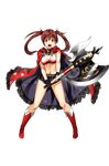 :o axe battle_axe belt black_gloves black_shorts boots breasts brown_eyes brown_hair cape cleavage fingerless_gloves full_body gloves highres hitsuji_chronicle holding holding_axe knee_boots looking_at_viewer medium_breasts midriff navel official_art red_cape red_footwear shorts shouting snowflake_print standing transparent_background twintails weapon 