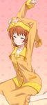  alternate_hairstyle arms_up barefoot breasts cleavage collarbone eyebrows_visible_through_hair medium_breasts nisekoi orange_pajamas sitting smile solo tachibana_marika 