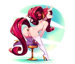  2017 abstract_background anthro balls butt buttplug choker clothing cyancapsule equine eyelashes eyes_closed footwear girly hair hairband hi_res high_heels legwear long_hair long_tail male mammal nila_(cyancapsule) on_one_knee on_one_leg red_hair sex_toy shoes solo standing standing_kneel stool thigh_highs 