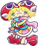  2girls adult amitie amitie_(puyopuyo) blonde_hair blue_clothes boots bracelet child dual_persona green_eyes hug multiple_girls official_style older one_eye_closed open_mouth puyopuyo puyopuyo_fever red_hat scarf sega shoes shorts skirt sleeves smile wings younger 