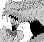  animal_ears arms_up battle crossover cyborg dalamadur dantera_rina dragon greyscale highres hutago mechanical_arms monochrome monster monster_hunter original pants ponytail short_hair sidelocks size_difference slit_pupils sweat tail tank_top teeth tongue torn_clothes wolf_ears wolf_tail 