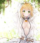  ahoge arms_behind_back arms_up backlighting bangs belt blonde_hair blush bodysuit breasts bridal_veil chain closed_mouth commentary_request eyebrows_visible_through_hair fate/extra fate/extra_ccc fate_(series) grass green_eyes hair_intakes leaf lib lock looking_to_the_side medium_breasts nero_claudius_(bride)_(fate) nero_claudius_(fate)_(all) outdoors padlock sidelocks sitting solo tareme unzipped veil 