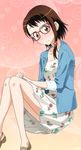  blue_jacket blush brown_eyes brown_hair collarbone dress glasses hair_ornament hands_together invisible_chair jacket long_legs looking_at_viewer nisekoi onodera_kosaki short_hair_with_long_locks sitting solo white_dress 