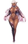  1girl aoi_nagisa_(artist) aoi_nagisa_(metalder) asymmetrical_legwear boots breasts dark_elf dark_skin detached_collar elbow_gloves elf erect_nipples evelyn_celebrian gloves gradient_hair hair_ribbon highres huge_breasts monster_girl multicolored_hair navel official_art pink_hair pointy_ears puffy_nipples revealing_clothes ribbon shiny shiny_skin smile solo thigh_boots thighhighs white_background yellow_eyes youkoso!_sukebe_elf_no_mori_he 