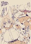  animal_ears blush breasts commentary_request elbow_gloves gloves high-waist_skirt kaban_(kemono_friends) kemono_friends large_breasts lying morita_gurutamin multiple_girls on_back open_mouth serval_(kemono_friends) serval_ears serval_tail shirt skirt sleeveless sleeveless_shirt tail thighhighs tickling translation_request upskirt 