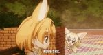  2girls animated animated_gif english fennec_(kemono_friends) fox_ears hiding kemono_friends multiple_girls naughty_face serval_(kemono_friends) serval_ears subtitle text yuri 