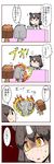  animal_ears bear_ears blowing bow bowtie brown_bear_(kemono_friends) brown_eyes brown_hair burning comic eurasian_eagle_owl_(kemono_friends) fire fur_collar glowing glowing_eyes head_wings highres kemono_friends multicolored_hair multiple_girls northern_white-faced_owl_(kemono_friends) pot shaded_face sweat taireru translated white_hair 