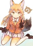  animal_ears bangs black_footwear black_gloves blonde_hair blush closed_mouth commentary_request extra_ears eyebrows_visible_through_hair ezo_red_fox_(kemono_friends) fox_ears fox_shadow_puppet fox_tail gloves hand_up highres japari_symbol kemono_friends loafers long_hair looking_at_viewer pantyhose pleated_skirt sencha_(senta_10) shoes sitting skirt smile solo tail wariza white_skirt yellow_eyes 