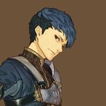  armor black_hair blue_hair brown_background brown_eyes fire_emblem fire_emblem_echoes:_mou_hitori_no_eiyuuou hidari_(left_side) male_focus multicolored_hair official_art paison simple_background solo two-tone_hair upper_body 