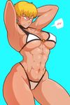  abs absurdres arms_up bikini blonde_hair blush breasts commentary_request cowboy_shot earrings highleg highleg_bikini highres hutago jewelry large_breasts muscle muscular_female navel original scar sharp_teeth solo swimsuit teeth 