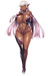  1girl aoi_nagisa_(artist) aoi_nagisa_(metalder) asymmetrical_legwear boots breasts chains choker dark_elf dark_skin detached_collar elbow_gloves elf erect_nipples evelyn_celebrian gloves gradient_hair hair_ribbon highres huge_breasts multicolored_hair navel official_art pink_hair pointy_ears puffy_nipples revealing_clothes ribbon shiny shiny_skin smile solo thigh_boots thighhighs white_background yellow_eyes youkoso!_sukebe_elf_no_mori_he 