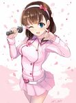  2017 artist_name ashita_(2010) bangs belt belt_buckle blue_eyes blush bow breasts brown_hair buckle buttons cherry_blossoms commentary dated falling_petals finger_ribbon flower flower_ornament hairband heart heart_belt heart_buckle idol idolmaster idolmaster_cinderella_girls kira!_mankai_smile long_sleeves looking_at_viewer medium_breasts microphone one_eye_closed open_mouth petals pink_shirt pink_skirt pinky_out sakuma_mayu shirt signature skirt smile solo sparkle white_background white_belt white_hairband 