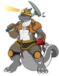  anthro armor clothed clothing hat helmet lizard male muscular pickaxe reptile scalie see-saw solo standing 