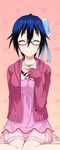  blue_bow blue_hair bow closed_eyes collarbone dress glasses hair_between_eyes hair_bow jewelry necklace nisekoi pink_dress red_dress short_dress short_hair sitting solo tsugumi_seishirou 