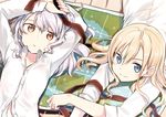  blonde_hair blue_eyes brown_eyes high_school_fleet highres long_hair lying map multiple_girls on_back shirt silver_hair thea_kreutzer tsuchii_(ramakifrau) white_shirt wilhelmina_braunschweig_ingenohl_friedeburg 