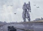  blurry building cloud cloudy_sky commentary dated day depth_of_field faux_traditional_media grass ground_vehicle helicopter highres light_rays mecha motor_vehicle muted_color no_humans original rain road scenery science_fiction shadow signature sketch sky street truck weapon zennosuke 