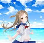  blouse blue_skirt blue_sky blush breasts brown_eyes brown_hair closed_mouth cloud cloudy_sky commentary_request day lib light_smile looking_at_viewer medium_breasts ocean one_side_up original outdoors outstretched_arms school_uniform serafuku short_sleeves skirt sky smile solo triangle upper_body white_blouse 