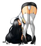  1girl ass bent_over black_hair black_shoes blush breasts cameltoe female full_body garter_straps high_heels highres legs long_hair looking_at_viewer looking_back miniskirt panties pantyshot pencil_skirt red_eyes shoes simple_background skirt solo stormywing thighhighs underboob underwear upskirt white_background white_legwear white_panties 