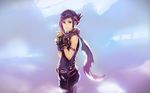  absurdres arm_strap fingerless_gloves gloves highres looking_at_viewer multicolored_hair okuto original purple_hair scarf short_hair sleeveless solo standing two-tone_hair 