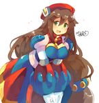  blush breasts brown_hair dated eyebrows_visible_through_hair green_eyes hat iris_(rockman_x) iroyopon large_breasts long_hair looking_at_viewer low-tied_long_hair open_mouth red_hat rockman rockman_x rockman_x4 signature smile solo very_long_hair 
