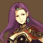  breasts brown_background brown_eyes capelet cleavage earrings fire_emblem fire_emblem_echoes:_mou_hitori_no_eiyuuou hidari_(left_side) jewelry large_breasts lips long_hair official_art purple_hair simple_background solo sonia_(fire_emblem_gaiden) tiara upper_body 
