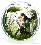  :&gt; asui_tsuyu black_hair bodysuit boku_no_hero_academia boulder bubble frog_girl full_body gloves grass green_eyes hair_rings leaf long_hair low-tied_long_hair nanaminn sitting smile solo tadpole twitter_username underwater water white_gloves 