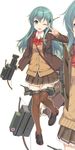  ;d aqua_eyes aqua_hair blazer bow_(weapon) brown_legwear brown_skirt cardigan crossbow flight_deck frilled_skirt frills full_body hair_ornament hairclip jacket kantai_collection loafers long_hair looking_at_viewer machinery one_eye_closed open_mouth pleated_skirt red_ribbon remodel_(kantai_collection) ribbon school_uniform shoes skirt smile solo suzuya_(kantai_collection) takayaki thighhighs v weapon zoom_layer 