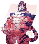  2017 abs anthro balls catsudon claws digital_media_(artwork) erection feline fur hair humanoid_penis looking_at_viewer male mammal muscular nipples nude partially_retracted_foreskin pecs penis simple_background smile solo stripes teeth tiger uncut vein veiny_penis 