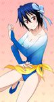  blue_bow blue_footwear blue_hair blue_leotard bow breasts cleavage collarbone hair_bow leotard long_legs looking_at_viewer medium_breasts mole mole_under_eye nisekoi red_eyes shoes short_hair smile solo tsugumi_seishirou 