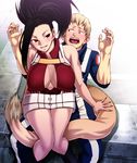  &gt;:o 1boy 1girl :o bare_shoulders black_eyes black_hair bodysuit boku_no_hero_academia breasts center_opening chiba_toshirou cleavage female full_body large_breasts long_hair naughty_face navel ojiro_mashirao open_mouth ponytail sitting sitting_on_lap sleeveless smile solo sword weapon yaoyorozu_momo 