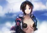  absurdres black_hair breasts cleavage collarbone covered_nipples highres jacket large_breasts looking_at_viewer multicolored_hair okuto open_clothes open_jacket original short_hair solo standing two-tone_hair 