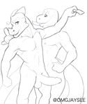  anthro balls dinosaur duo erection gecko humanoid_penis jaysee lizard looking_at_viewer male monochrome nude penis reptile scalie smile standing uncut 