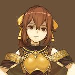  bow breastplate brown_background brown_eyes brown_hair dyute_(fire_emblem) fire_emblem fire_emblem_echoes:_mou_hitori_no_eiyuuou hidari_(left_side) hypnosis long_hair mind_control official_art ponytail simple_background solo upper_body 