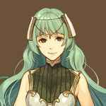  bare_shoulders breastplate brown_background curly_hair fire_emblem fire_emblem_echoes:_mou_hitori_no_eiyuuou green_eyes green_hair hair_ornament hidari_(left_side) long_hair official_art simple_background solo teeta_(fire_emblem) upper_body 