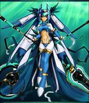  alf874 armor blue_eyes dual_wielding facial_mark holding legs leviathan_(rockman) midriff navel polearm rockman rockman_zero solo spear staff tattoo water weapon 