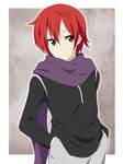  androgynous face hands_in_pockets ikari_manatsu original red_eyes red_hair scarf smile solo 