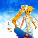  air blonde_hair blue_eyes dress highres kamio_misuzu long_hair looking_back ponytail solo sundress tam-u very_long_hair wind wind_lift 