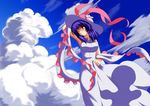  alternate_costume cloud day frills hat highres iwanori nagae_iku purple_hair red_eyes shawl short_hair sky solo touhou 