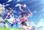  bad_id bad_pixiv_id capelet cloud day frills grass hat hinanawi_tenshi long_hair matsuyama_nozomu mountain multiple_girls nagae_iku short_hair sky sword sword_of_hisou touhou weapon 