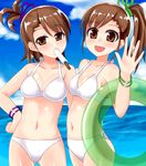  bikini brown_eyes brown_hair food futami_ami futami_mami idolmaster idolmaster_(classic) idolmaster_2 innertube kagami_yuu long_hair mouth_hold multiple_girls popsicle short_hair siblings side_ponytail sisters swimsuit twins waving 