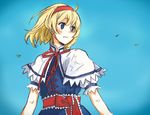 alice_margatroid bad_id bad_pixiv_id blonde_hair blue_eyes blush capelet frills hairband laces short_hair solo touhou white_capelet wind yuu_(prier365) 