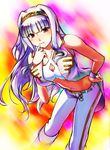  bent_over breasts cleavage emanon123 finger_to_mouth grey_hair hairband hand_on_hip idolmaster idolmaster_(classic) large_breasts long_hair midriff navel pants pink_diamond_765 red_eyes shijou_takane solo wristband 