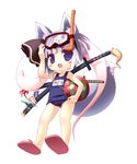  animal_ears black_hairband fox_ears fox_tail ghost hairband hitodama kemonomimi_mode konpaku_youmu konpaku_youmu_(ghost) myon_(phrase) nagomi_tozakura name_tag one-piece_swimsuit school_swimsuit sheath sheathed short_hair silver_hair solo swimsuit sword tail touhou translated weapon 