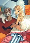  :o adjusting_clothes adjusting_legwear animal bed black_legwear blonde_hair blue_eyes book camisole clothes dog dressing hat katou_akatsuki lamp legs long_hair looking_up morning_on_earth panties pillow shadow sitting skirt sock_pull solo striped thighhighs underwear white_panties 