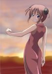  azumaya_hironaru blue_eyes china_dress chinese_clothes clenched_hand dress gintama grin kagura_(gintama) looking_back red_hair short_hair smile solo sunset 