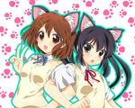  animal_ears bad_id bad_pixiv_id black_hair blush brown_hair cat_ears hair_ornament hairclip hirasawa_yui k-on! locked_arms masuyama_kei multiple_girls nakano_azusa open_mouth paw_print purple_eyes red_eyes v 