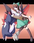  arm_cannon asymmetrical_clothes bow brown_hair cape crossover gen_4_pokemon hair_bow honchkrow kneehighs long_hair miyo_(miyomiyo01) poke_ball pokemon pokemon_(creature) red_eyes reiuji_utsuho socks touhou weapon wings 