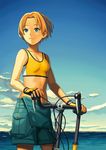  bicycle blue_eyes brown_hair fingerless_gloves gloves ground_vehicle katie_(morning_on_earth) katou_akatsuki midriff morning_on_earth overalls short_hair smile solo sports_bra tomboy 