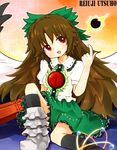  black_sun bow brown_hair cape eyes green_bow hair_bow long_hair red_eyes reiuji_utsuho solo sun tona_(nekotte) touhou wings 